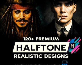 May include: Digital art featuring two men, one in pirate attire and the other in a suit, with text overlay: "120+ Premium Halftone Realistic Designs, High Resolution, No Background."