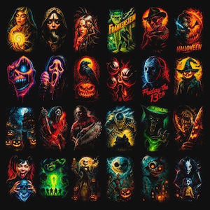 Pu&ograve; includere: Una collezione di 20 illustrazioni colorate e stilizzate di personaggi di film horror e immagini a tema Halloween. Le immagini includono Frankenstein, Freddy Krueger, Jason Voorhees e altre figure spettrali, il tutto su sfondo nero.