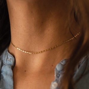 May include: A delicate gold-colored chain necklace. The necklace is a choker style, resting closely against the neck. The chain is made of small, flat, rectangular links. The background includes a denim shirt.