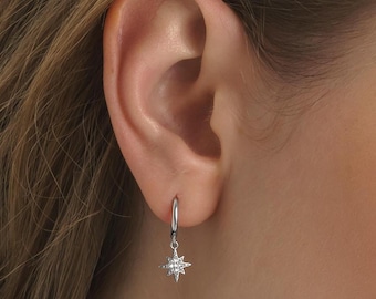 14k Gold Sun and Moon Earrings, Starburst Huggie Hoop Earrings, Gold Celestial Star Earrings, Crescent Moon Jewelry, Gold Space Earrings