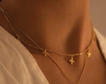 Dainty 14K Gold Cross Choker Necklace, Religious Icons Necklace, Gold Cross Charm, Cross Pendant Necklace for Women, Small Tiny Cross Choker