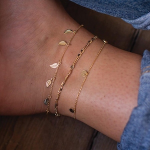 Delicate Gold 14K Leaf Anklet, Gold Coin Anklet, Foot Bracelet, Boho Beaded Anklet, Gold Layered Anklet for Women, Gold Cable Link Chain