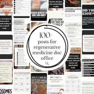 May include: A collage of educational infographics on health topics, including hormone balance, PCOS symptoms, and peptide therapy. The central image features the text "100+ posts for regenerative medicine doc office."