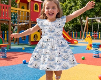 Snoopy Storybook Floral Ruffle Dress, Cute Puppy Pattern Dress For Girls, Vintage Cartoon Character Birthday Dress, Summer Dress