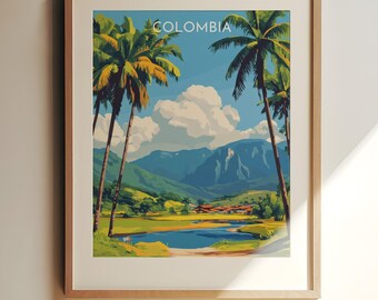 Colombia Travel Poster – Travel Art: Stunning Andes Landscape with Palm Trees