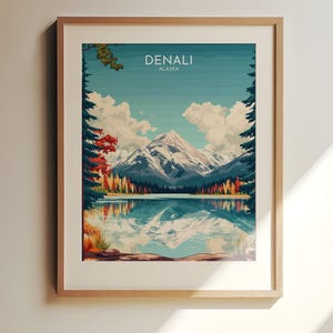 Stampa murale Denali, Alaska - Poster artistico di viaggio Denali, riflesso del paesaggio montano dell'Alaska