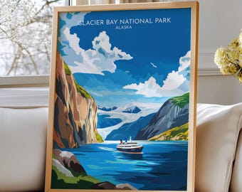 Plakat podróżniczy z Parku Narodowego Glacier Bay na Alasce – wydruk artystyczny z podróży do Glacier Bay, dekoracja ścienna z krajobrazem Alaski do pobrania w wersji cyfrowej