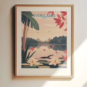 Impressão de viagem dos Everglades, Flórida – Arte de viagem dos Everglades: Paisagem serena com jacaré na Flórida