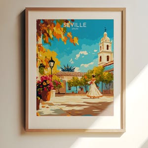 Seville, Spain Wall Print – Seville Travel Art - Vibrant Courtyard with Giralda Tower in Spain