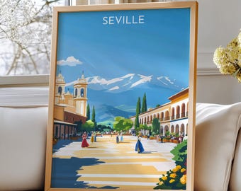 Seville, Spain Travel Art – Seville Travel Print: Scenic Spanish Plaza with Mountains