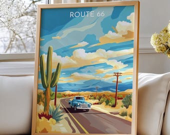ルート66のウォールアート、カリフォルニアプリント、ルート66の水彩画