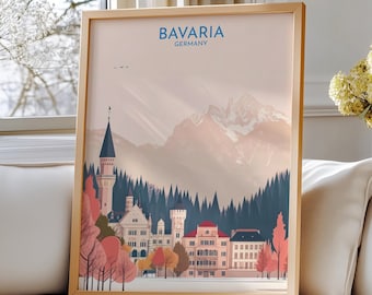 Reisposter Beieren, Duitsland – Reiskunst Beieren: print kasteel Neuschwanstein, afdrukbaar muurdecoratie Duitsland
