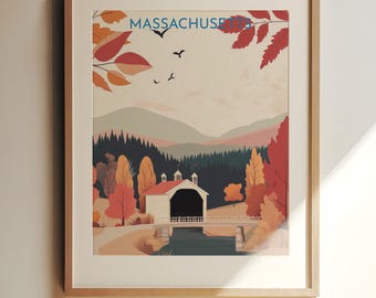 Massachusetts, USA Art Poster – Massachusetts Travel Art: Autumn Covered Bridge in Scenic Landscape