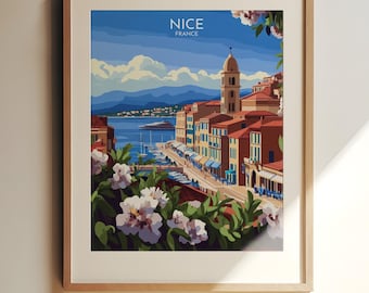 Póster turístico de Niza, Francia – Lámina artística del puerto de la Riviera Francesa en Niza, Francia