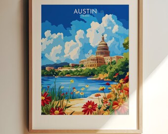 Austin, Texas Wall Print – Austin Travel Art: Texas State Capitol by the Colorado River