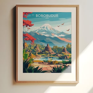 Może przedstawiać: Oprawiony wydruk artystyczny przedstawiający kolorową ilustrację świątyni Borobudur na Jawie. Grafika przedstawia kompleks świątynny z górskim tłem, ptakami i bujną zielenią. Tekst "BOROBUDUR JAVA" jest wyświetlany u góry.
