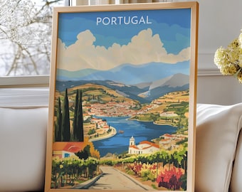Lámina de viaje del Valle del Duero, Portugal – Arte de viaje del Valle del Duero: Una vista panorámica de los viñedos y el río Duero de Portugal
