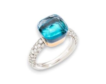 Swiss Blue Topaz Pave Ring With Moissanite 925 Sterling Silver Yellow Gold Plated