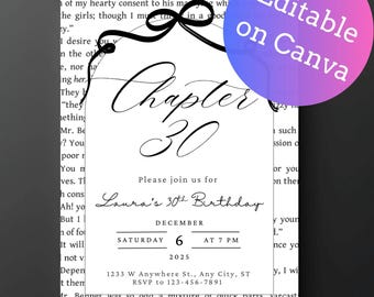 May include: A white invitation card with black text, featuring the words "Chapter 30" in elegant script. The invitation is for Laura's 30th birthday, with date and time details. A purple and pink circle with the text "Editable on Canva" is in the upper right corner.