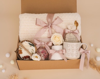 Elegante canasta de regalo navideña, acogedor paquete de cuidado invernal, caja de regalo "Pensando en ti" con manta, idea de regalo "Simplemente porque sí", el mejor set de regalo para ella.