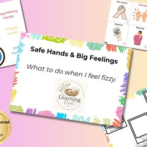 Puede incluir: Material educativo con el texto "Safe Hands & Big Feelings" y "What to do when I feel fizzy." Incluye un gráfico de termómetro e ilustraciones de acciones seguras. Un sello dorado dice "SENCO Authored 9 years experience."