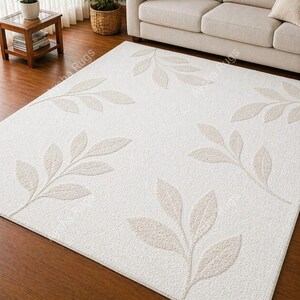 Neutral Leaf Pattern Area Rug, Cream Beige Botanical Rug, Minimalist Modern Living Room Carpet, Handmade Tufted Soft Rug