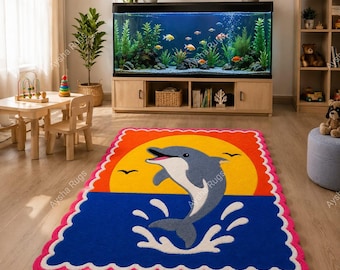 Cute Dolphin Kids Rug, Ocean Animal Nursery Rug, Handmade Tufted Playroom Carpet, Coastal Kids Room Decor Rug