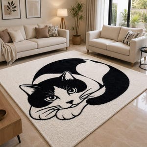 Alfombra de gato en blanco y negro, linda alfombra de gato con mechones, alfombra de animales hecha a mano, decoración para la habitación de gatitos, regalo para amantes de las mascotas, alfombra acogedora para dormitorio o sala de estar.