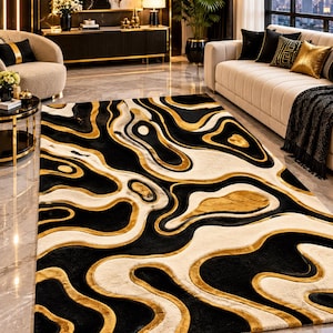 Tappeto di lusso nero e oro, tappeto con motivo astratto effetto marmo fluido, tappeto moderno oro, nero e crema per soggiorno, tappeto a pelo lungo e morbido.