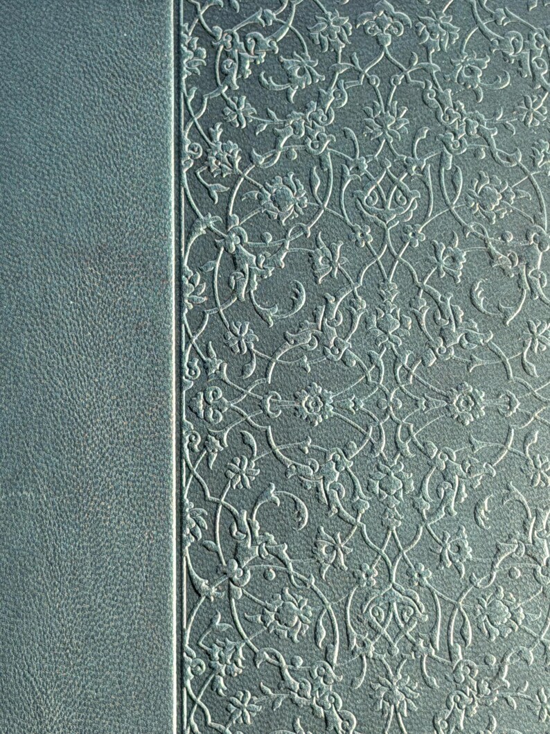 May include: Close-up of a teal-colored book cover with a textured leather-like finish on the left and an embossed floral pattern on the right. The floral design is in a lighter shade, creating a subtle contrast.