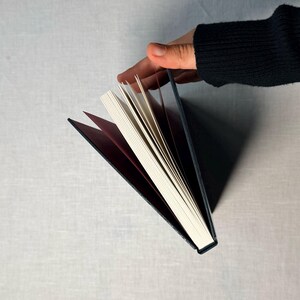 May include: A hardcover book with a dark blue cover and white pages is held open, revealing a burgundy interior. The book's pages are fanned out, and a hand is visible holding the book. The background is a light gray surface.