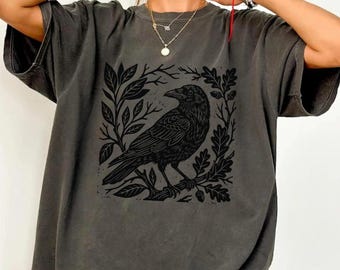 Comfort Colors® Raven Botanical Shirt, Vintage Woodcut Bird T-Shirt, Cottagecore Nature Tee, Gothic Crow Halloween Shirt, Crow Lover Gift