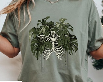Monstera Skeleton Shirt, Metal Head Plant lover T Shirt, Gothic Plant Graphic Tee, Dark Botanical Art Shirt, Alternative Nature Tee