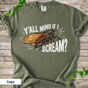 May include: Sage green t-shirt featuring a detailed illustration of a cicada with orange wings and the text "Y'all mind if I SCREAM?" in white. The design includes a cartoon-style cicada with red eyes and a humorous, bold font.