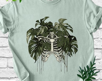 Monstera Skeleton Shirt, Metal Head Plant lover T Shirt, Gothic Plant Graphic Tee, Dark Botanical Art Shirt, Alternative Nature Tee