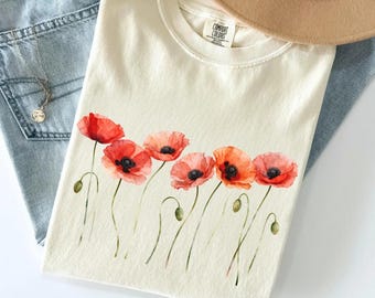 Comfort Colors® Poppy Flower Shirt, Watercolor Floral Tee, Botanical Nature Art Shirt, Cottagecore Shirt, Nature Lover Gift,