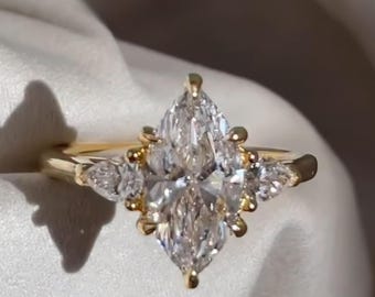 2.5 CT IGI Certified Marquise Cut Lab Grown Three Stone Set Engagement Wedding Diamond Ring