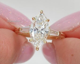 4 CT IGI Certified Marquise Cut Lab Grown With Tapered Baguette Diamond Band Engagement Wedding Diamond Ring