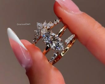 2CT IGI Certified Marquise Cut Lab Grown 3Pcs Bridal Set Wedding Diamond Ring With Side Marquise Diamond