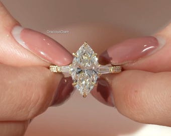 4 CT IGI Certified Marquise Cut Lab Grown With Taper Diamond Band Engagement Wedding Diamond Ring