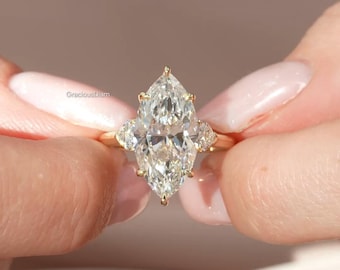 3.5 CT IGI Certified Marquise Cut Lab Grown With Trilliant Diamond  Band Engagement Wedding Diamond Ring