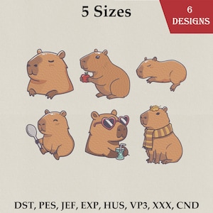 Op de afbeelding: Zes cartoon capybara ontwerpen in verschillende poses, sommige houden voorwerpen vast zoals een appel en een lepel. De afbeelding bevat de tekst "5 Sizes" en "6 Designs". Bestandsformaten staan onderaan de afbeelding.