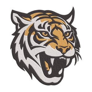 May include: Embroidered tiger head with an open mouth, displaying sharp teeth. The design uses black, white, and gold colours, with detailed stitching. The tiger's eyes are focused, conveying a fierce expression. Suitable for apparel and accessories.