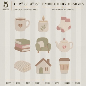 May include: An embroidery design bundle featuring nine cozy-themed designs. Includes a mug, candle, socks, books, armchair, teapot, blanket, house, and coffee cup. Designs are available in 5 sizes, from 1 to 5 inches.