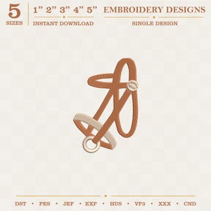 May include: An embroidery design featuring a stylized brown horse halter with a light beige noseband and a circular metal ring. The text reads 5 SIZES 1" 2" 3" 4" 5" EMBROIDERY DESIGNS INSTANT DOWNLOAD SINGLE DESIGN DST PES JEF EXP HUS VP3 XXX CND.
