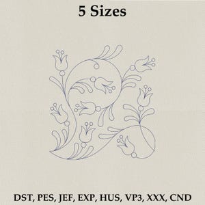 May include: An embroidered floral design in navy blue thread on a cream-colored fabric. The design features stylized tulips and leaves, with the text "5 Sizes" at the top. Below the design are file format abbreviations.
