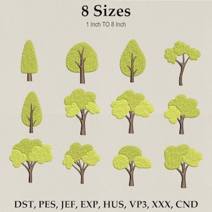Puede incluir: La imagen muestra diseños de árboles bordados en ocho tamaños, de 2,5 cm a 20,3 cm. Los árboles tienen follaje verde y troncos marrones, con formas variadas. El texto en la parte superior dice "8 Sizes" y "1 Inch TO 8 Inch."
