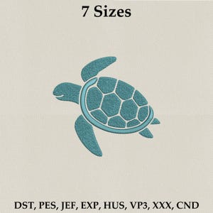 May include: An embroidered teal sea turtle design. The turtle is depicted with detailed stitching, featuring a segmented shell and flippers. The text "7 Sizes" is above the turtle. Below the turtle are the file formats: DST, PES, JEF, EXP, HUS, VP3, XXX, CND.