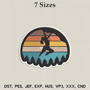 Diseño de bordado de senderismo, aventura al aire libre, paisaje forestal, montaña, sol, camping, parche, naturaleza, vida silvestre, archivo de bordado a máquina