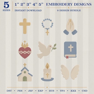 May include: A digital embroidery design bundle featuring nine religious-themed designs. Designs include a cross, rosary, praying hands, a sacred heart, a dove with an olive branch, a bible, a church, a candle, and angel wings. The designs are available in 5 sizes, from 1 to 5 inches.